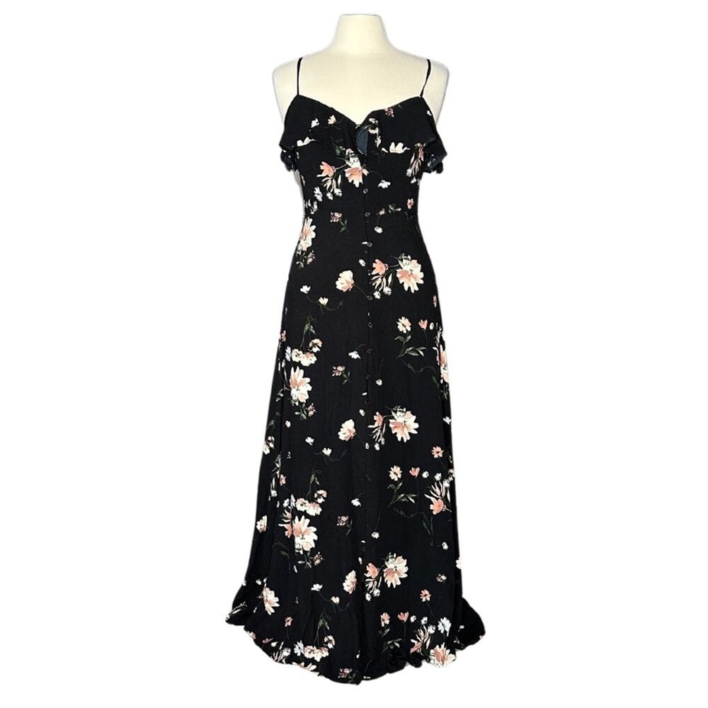 Band of Gypsies Floral Button Front Black Slit Front Girly Pretty Ruffle S12 - Picture 1 of 9